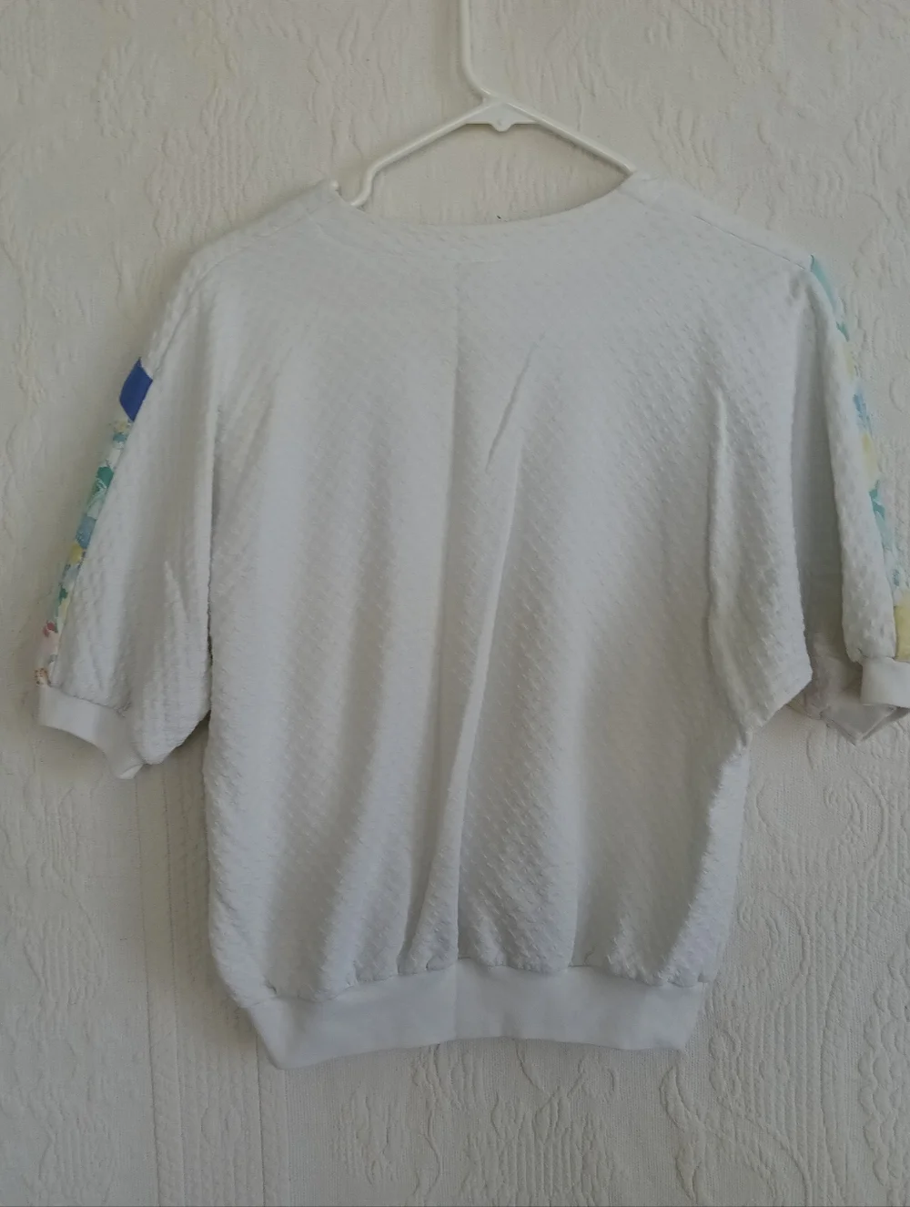 Koret White Floral Panel Colorblock Sweater Vintage Pastel Pink Blue Textured LG - Picture 9 of 12